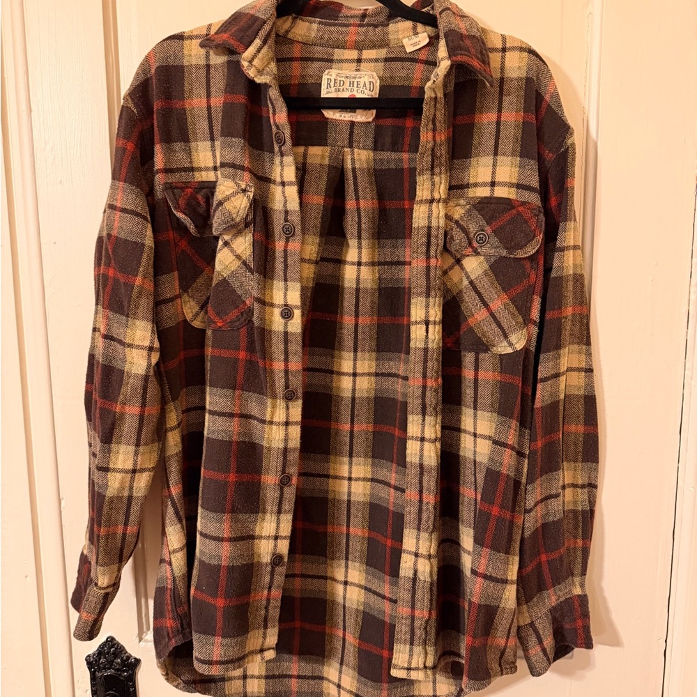 Vintage RedHead Men's Casual Plaid Shirt - Red, Brown, and Cream